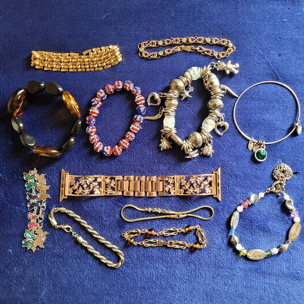 Vintage to Modern Silver and Gold Tone Stretch and Clasp Bracelet Lot - Picture 1 of 5
